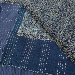 Blue - Ajrakh Block Printed Kantha Work Cotton Double Bed Cover (105 x 90 in)