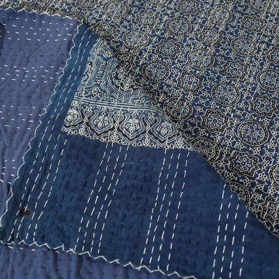 Blue - Ajrakh Block Printed Kantha Work Cotton Double Bed Cover (105 x 90 in)