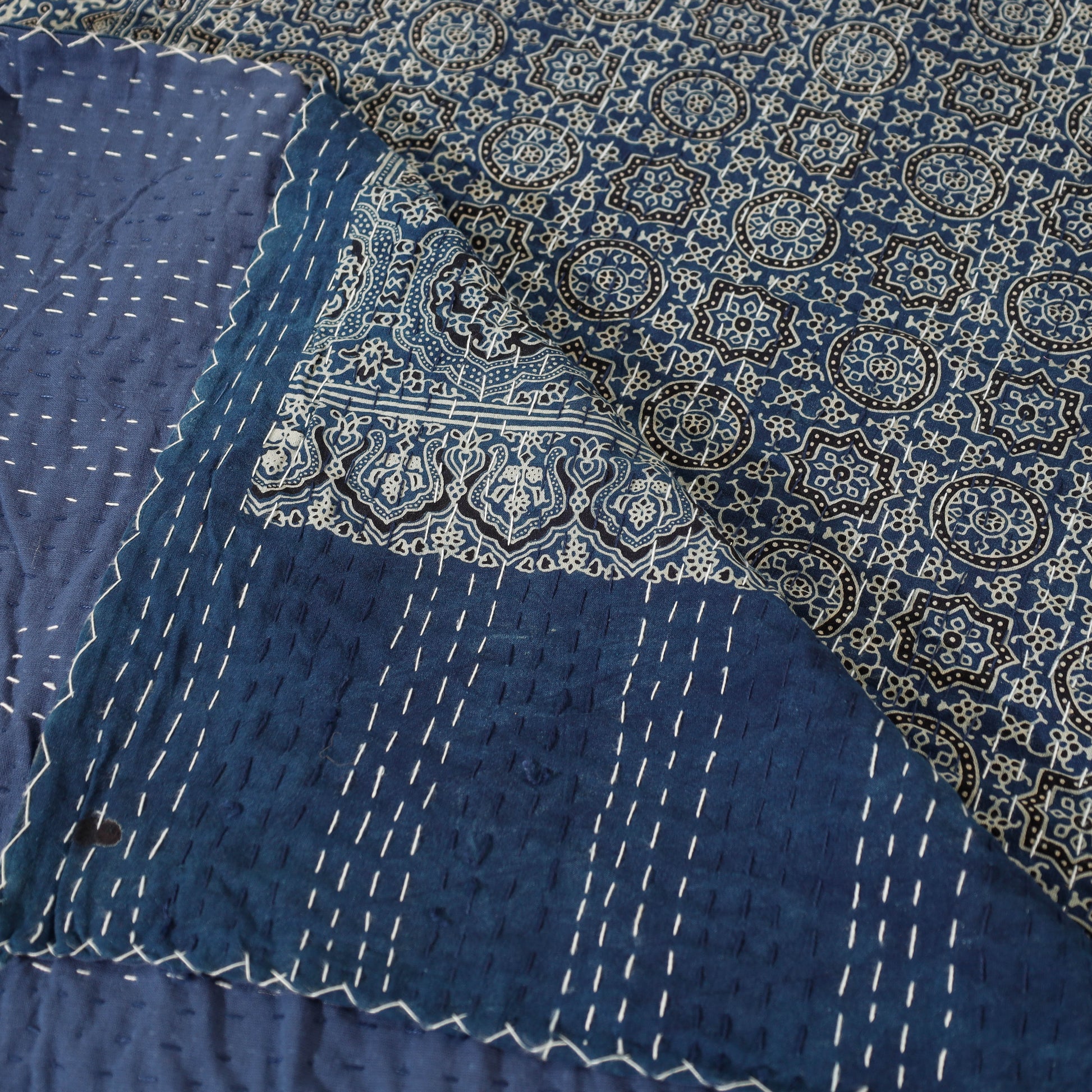 Blue - Ajrakh Block Printed Kantha Work Cotton Double Bed Cover (105 x 90 in)