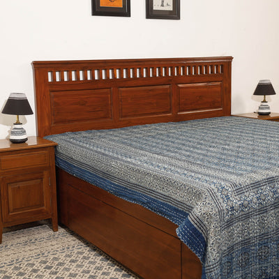 Blue - Ajrakh Block Printed Kantha Work Cotton Double Bed Cover (105 x 90 in)