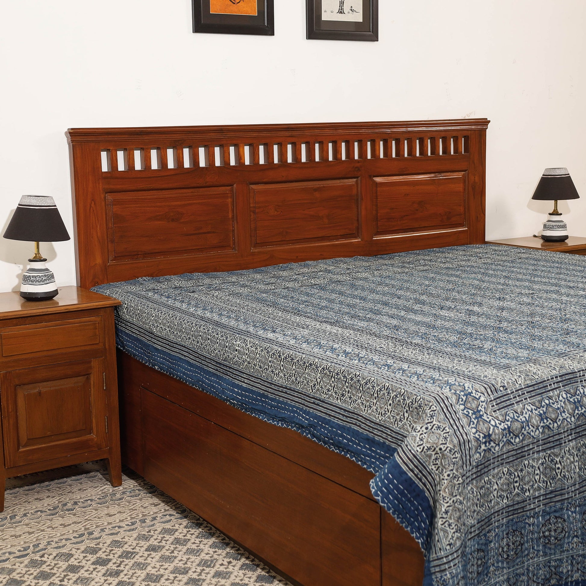 Blue - Ajrakh Block Printed Kantha Work Cotton Double Bed Cover (105 x 90 in)