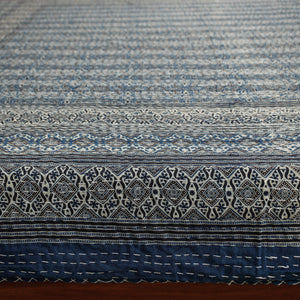 Blue - Ajrakh Block Printed Kantha Work Cotton Double Bed Cover (105 x 90 in)
