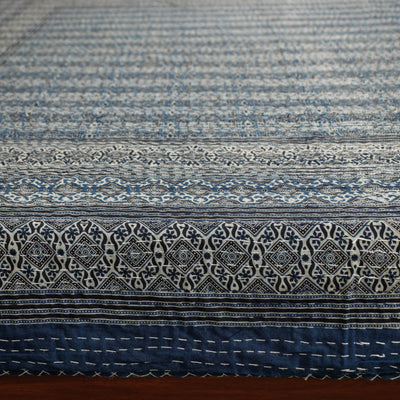 Blue - Ajrakh Block Printed Kantha Work Cotton Double Bed Cover (105 x 90 in)