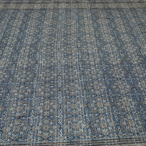 Blue - Ajrakh Block Printed Kantha Work Cotton Double Bed Cover (105 x 90 in)