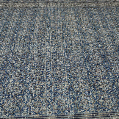 Blue - Ajrakh Block Printed Kantha Work Cotton Double Bed Cover (105 x 90 in)