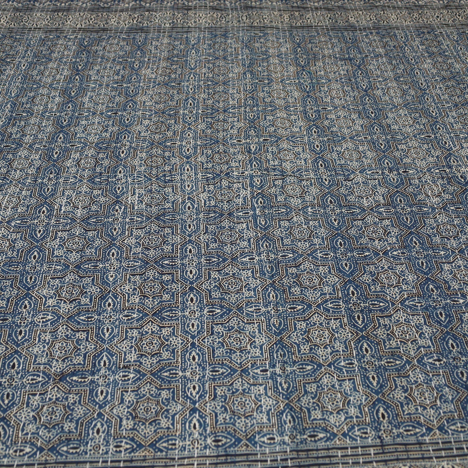 Blue - Ajrakh Block Printed Kantha Work Cotton Double Bed Cover (105 x 90 in)