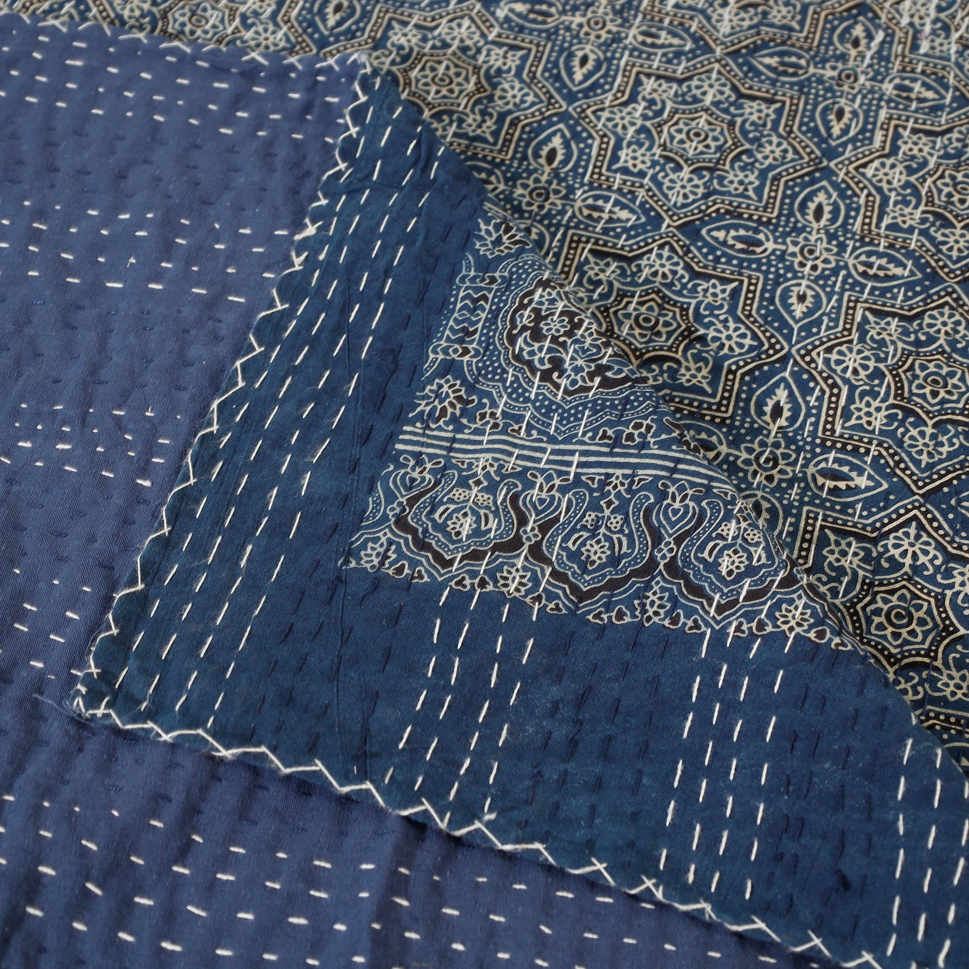 Blue - Ajrakh Block Printed Kantha Work Cotton Double Bed Cover (105 x 90 in)