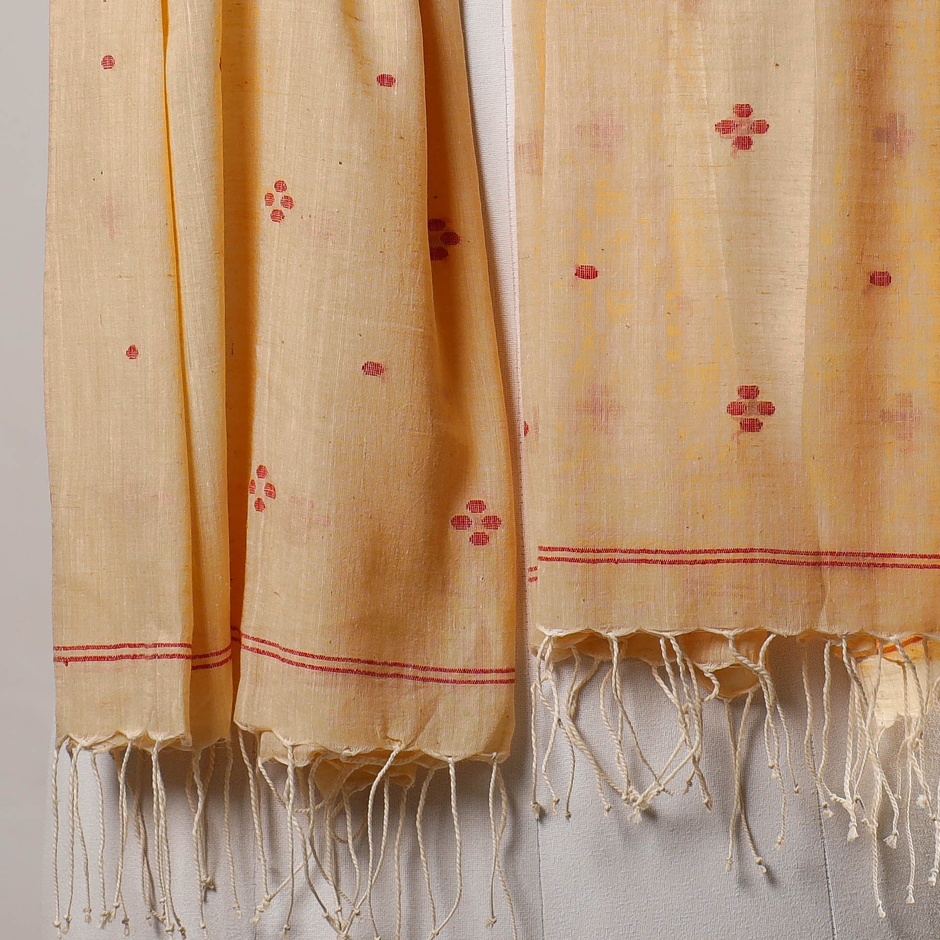Beige - Burdwan Jamdani Buti Handloom Cotton Stole with Tassels
