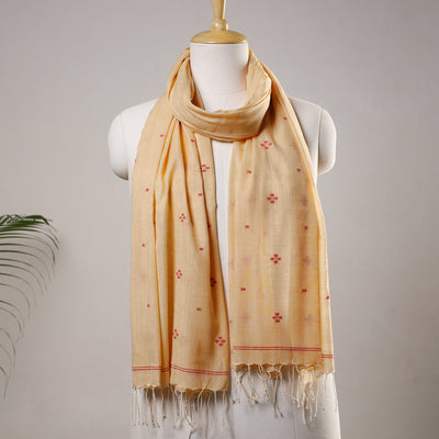 Beige - Burdwan Jamdani Buti Handloom Cotton Stole with Tassels
