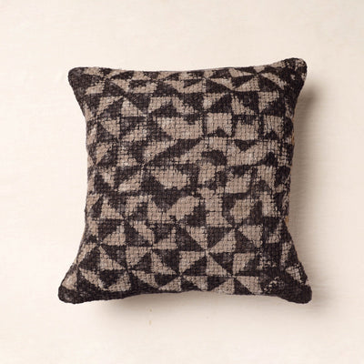 Brown - Bagru Block Printed Jute Cushion Cover (16 x 16 in)