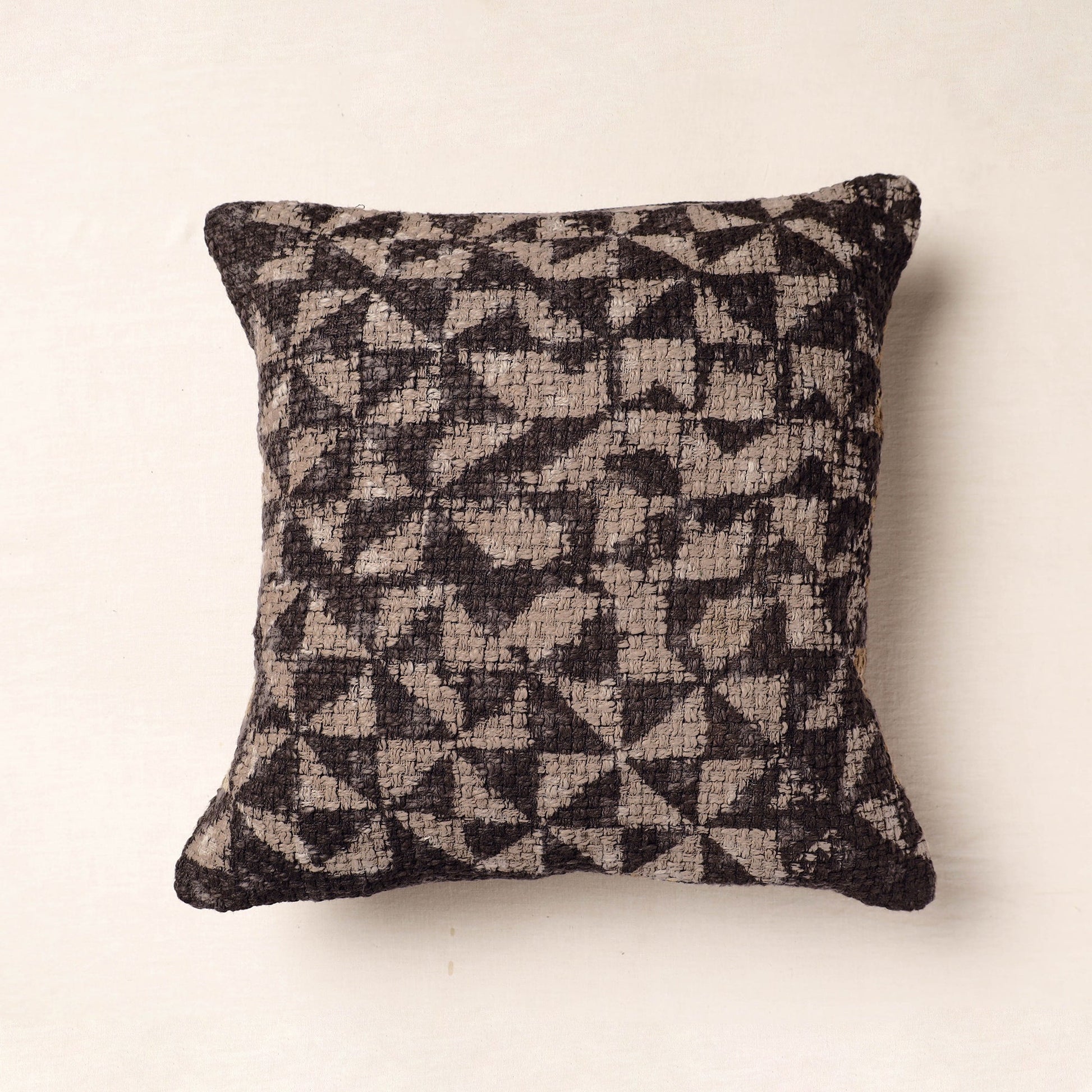 Brown - Bagru Block Printed Jute Cushion Cover (16 x 16 in)