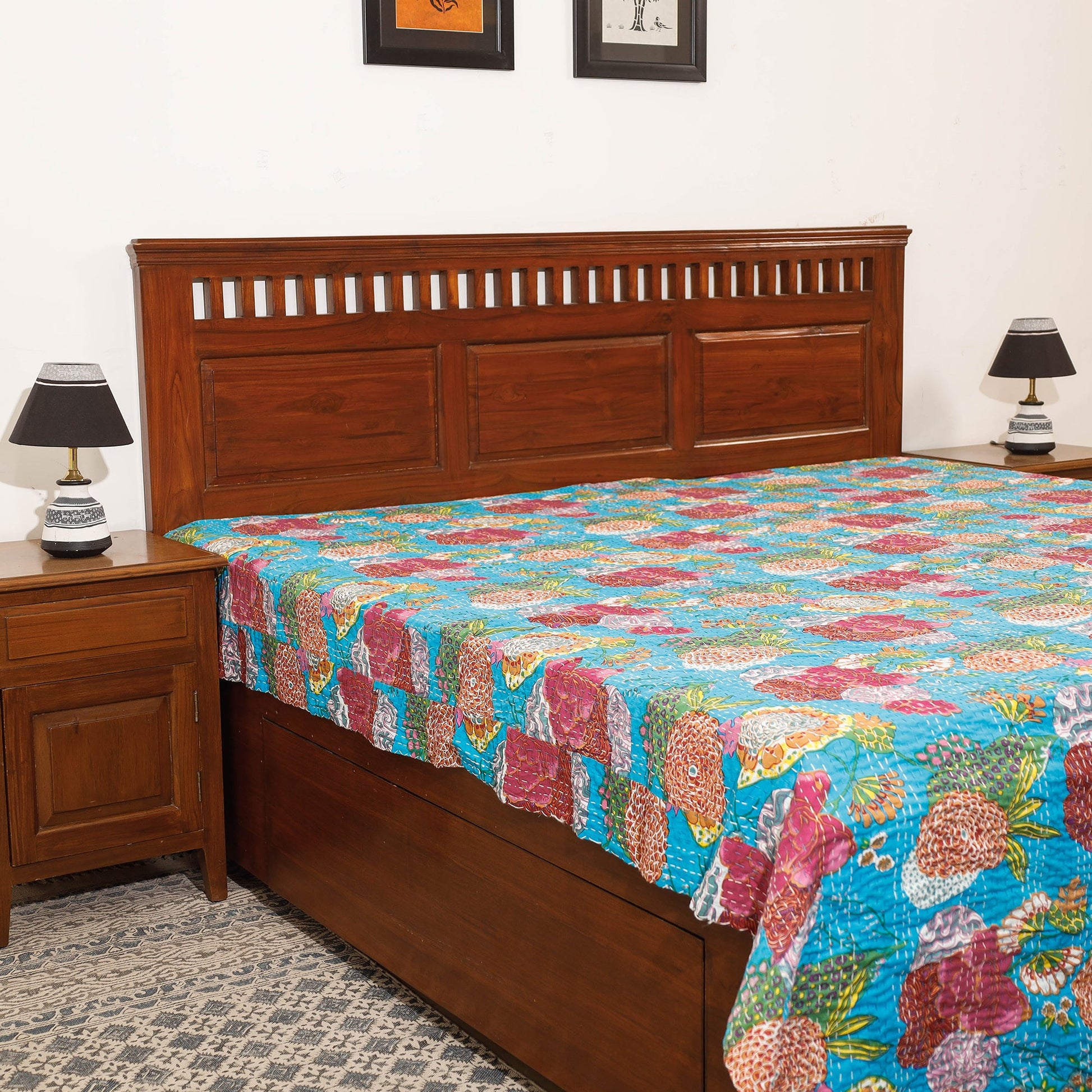 Blue - Block Print Kantha Work Cotton Double Sanganeri Bed Sheet