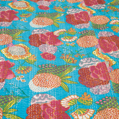 Blue - Block Print Kantha Work Cotton Double Sanganeri Bed Sheet
