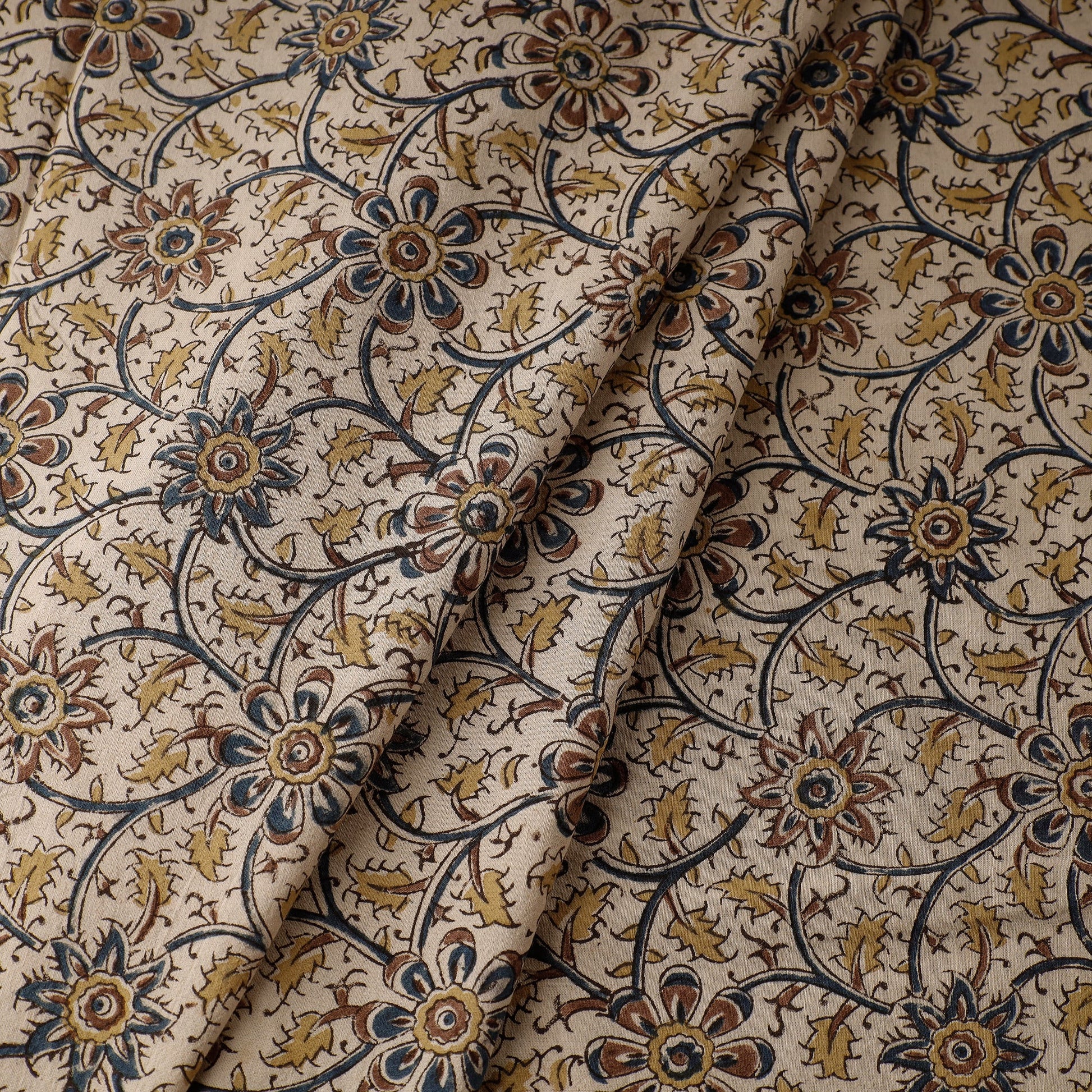Beige - Pedana Kalamkari Block Printed Cotton Fabric