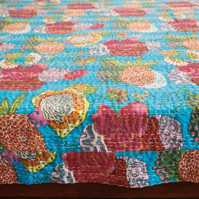 Blue - Block Print Kantha Work Cotton Double Sanganeri Bed Sheet