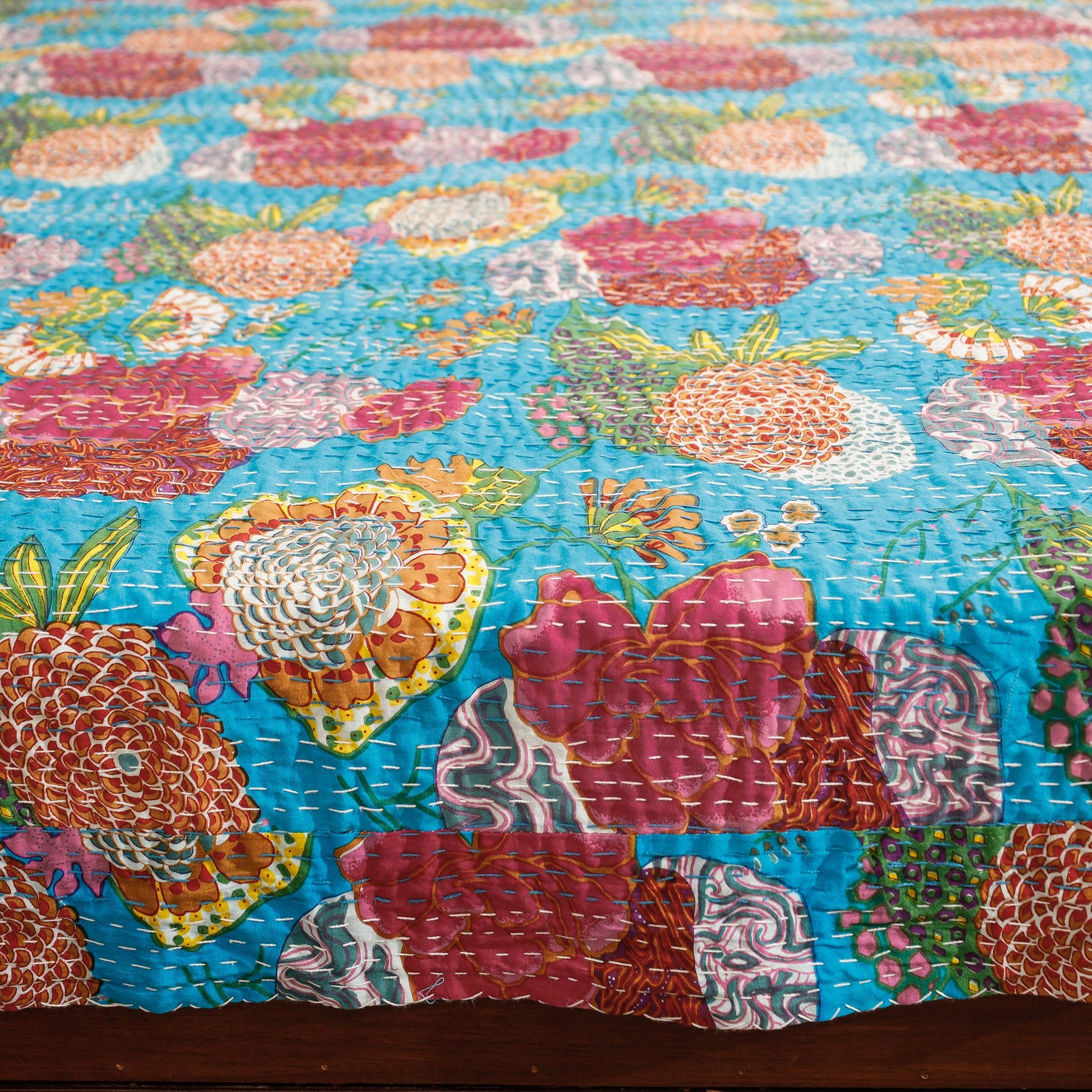 Blue - Block Print Kantha Work Cotton Double Sanganeri Bed Sheet