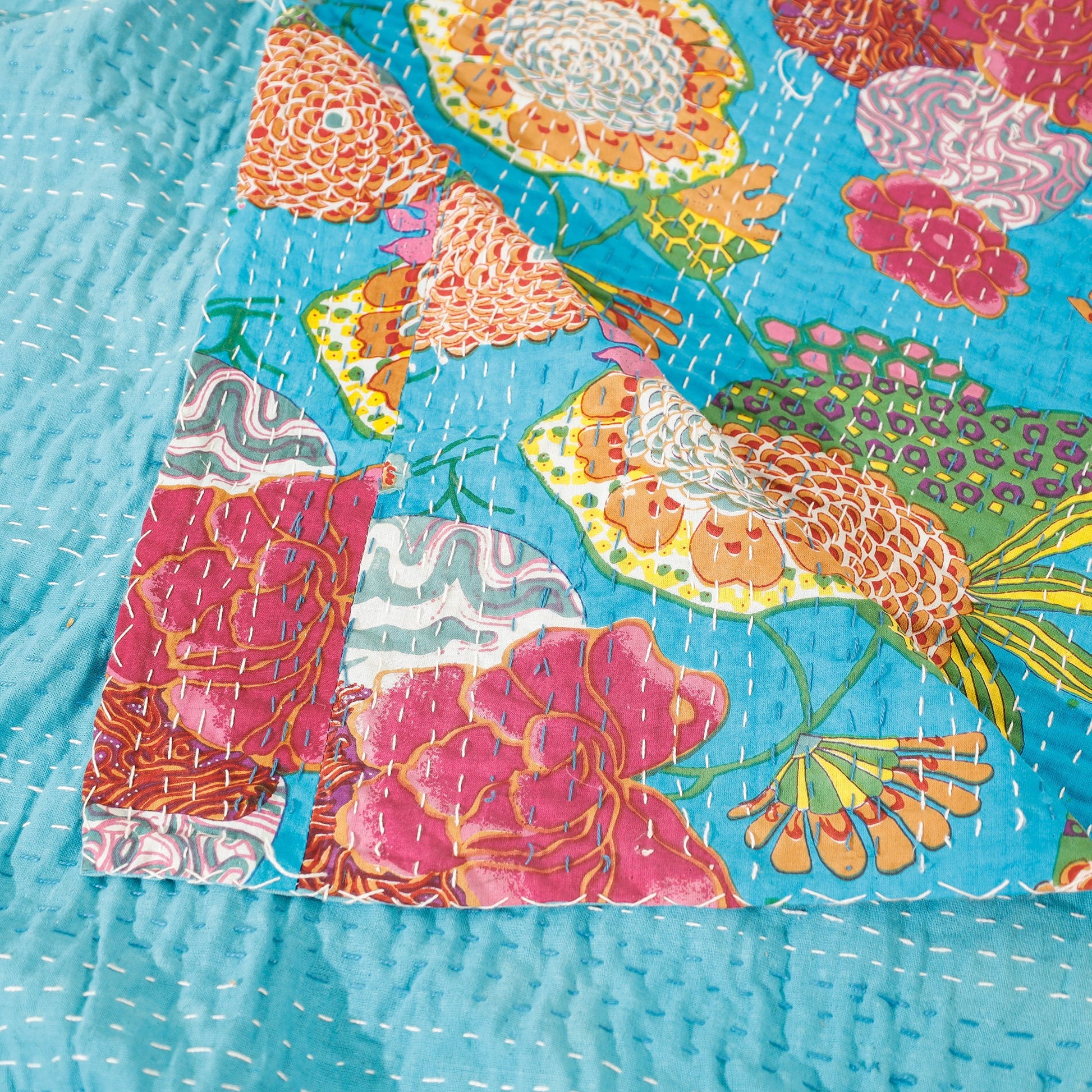 Blue - Block Print Kantha Work Cotton Double Sanganeri Bed Sheet