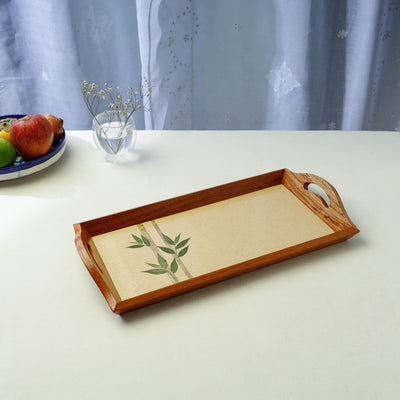 Beige - Bamboo Art Work Wooden Tray with Handles  (16 x 8 x 1 in)