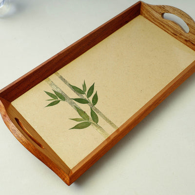 Beige - Bamboo Art Work Wooden Tray with Handles  (16 x 8 x 1 in)