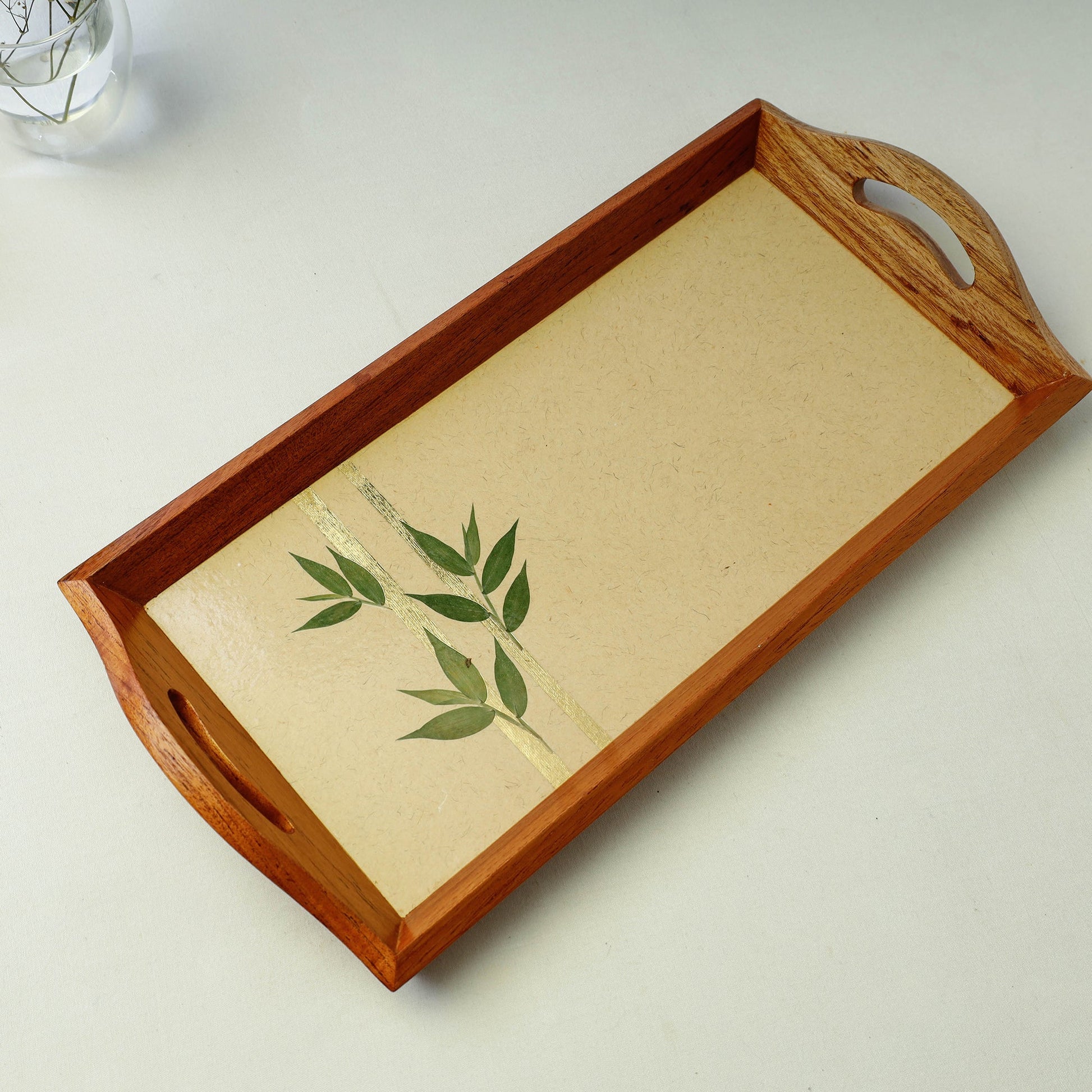 Beige - Bamboo Art Work Wooden Tray with Handles  (16 x 8 x 1 in)
