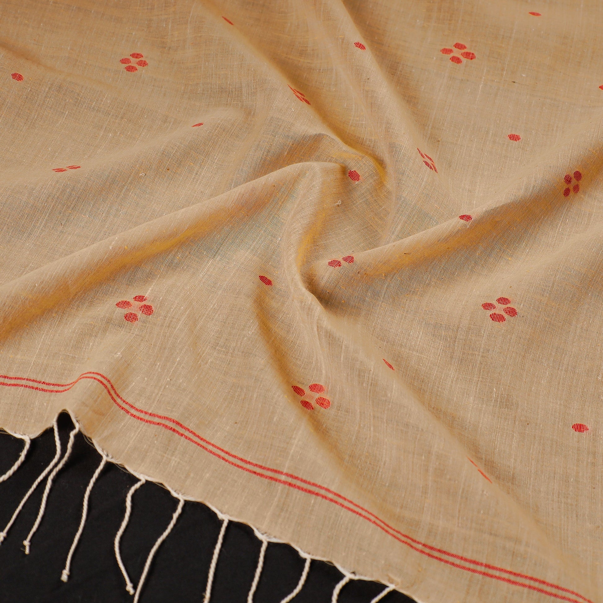 Beige - Burdwan Jamdani Buti Handloom Cotton Stole with Tassels
