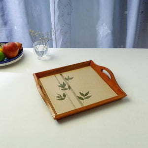 Beige - Bamboo Art Work Square Wooden Tray with Handles (12 x 12 x 1 in)