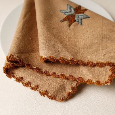 Brown - Phulkari Embroidery Reversible Plain Handloom Cotton Napkin (14 x 14 in)
