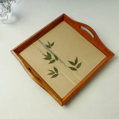 Beige - Bamboo Art Work Square Wooden Tray with Handles (12 x 12 x 1 in)
