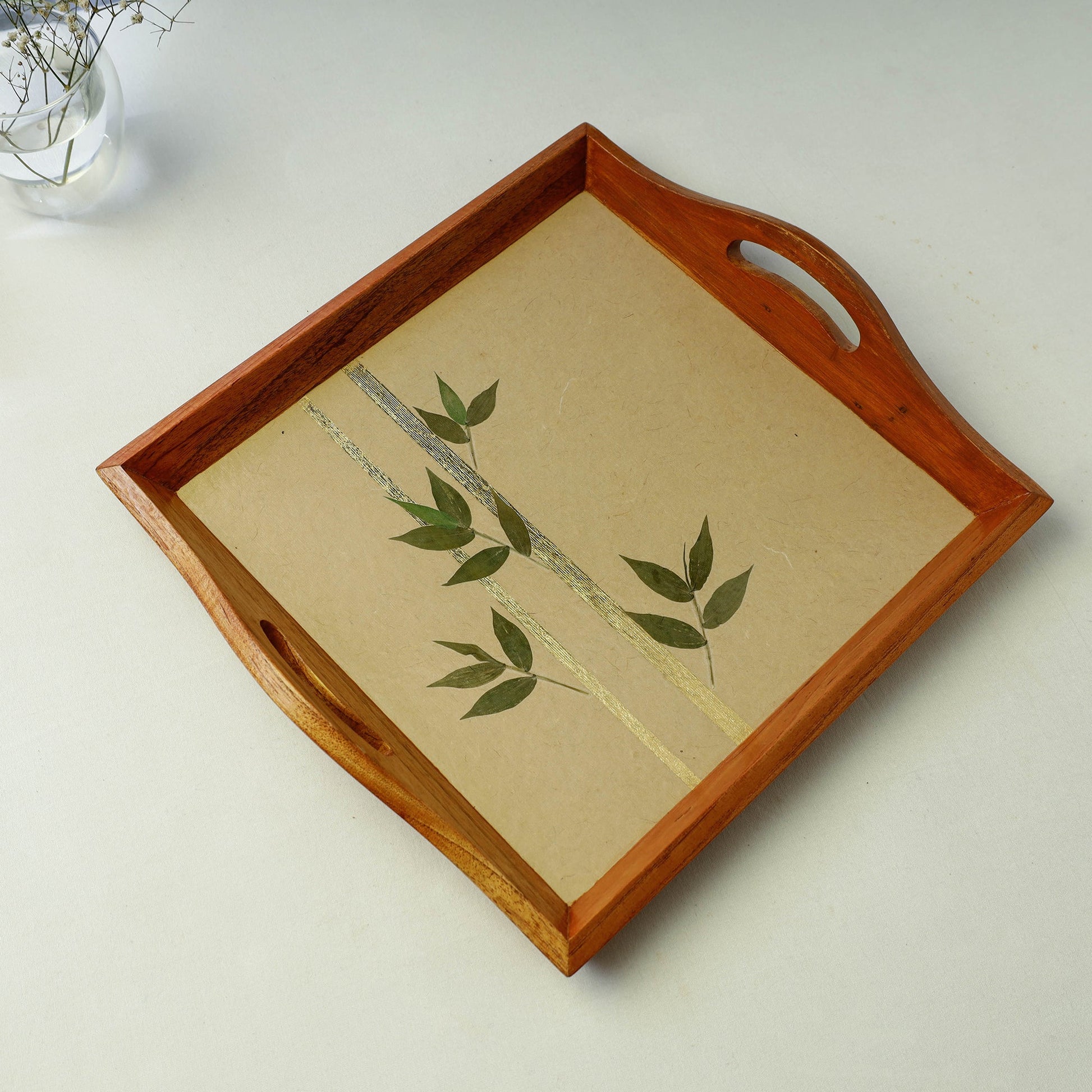 Beige - Bamboo Art Work Square Wooden Tray with Handles (12 x 12 x 1 in)