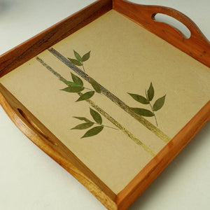 Beige - Bamboo Art Work Square Wooden Tray with Handles (12 x 12 x 1 in)