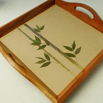 Beige - Bamboo Art Work Square Wooden Tray with Handles (12 x 12 x 1 in)