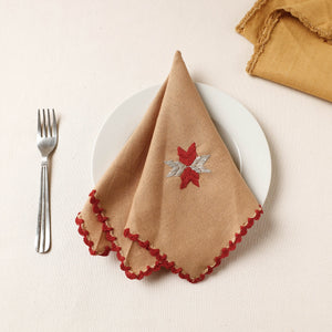 Brown - Phulkari Embroidery Reversible Plain Handloom Cotton Napkin (14 x 14 in)
