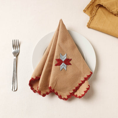 Brown - Phulkari Embroidery Reversible Plain Handloom Cotton Napkin (14 x 14 in)