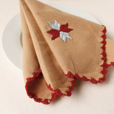 Brown - Phulkari Embroidery Reversible Plain Handloom Cotton Napkin (14 x 14 in)