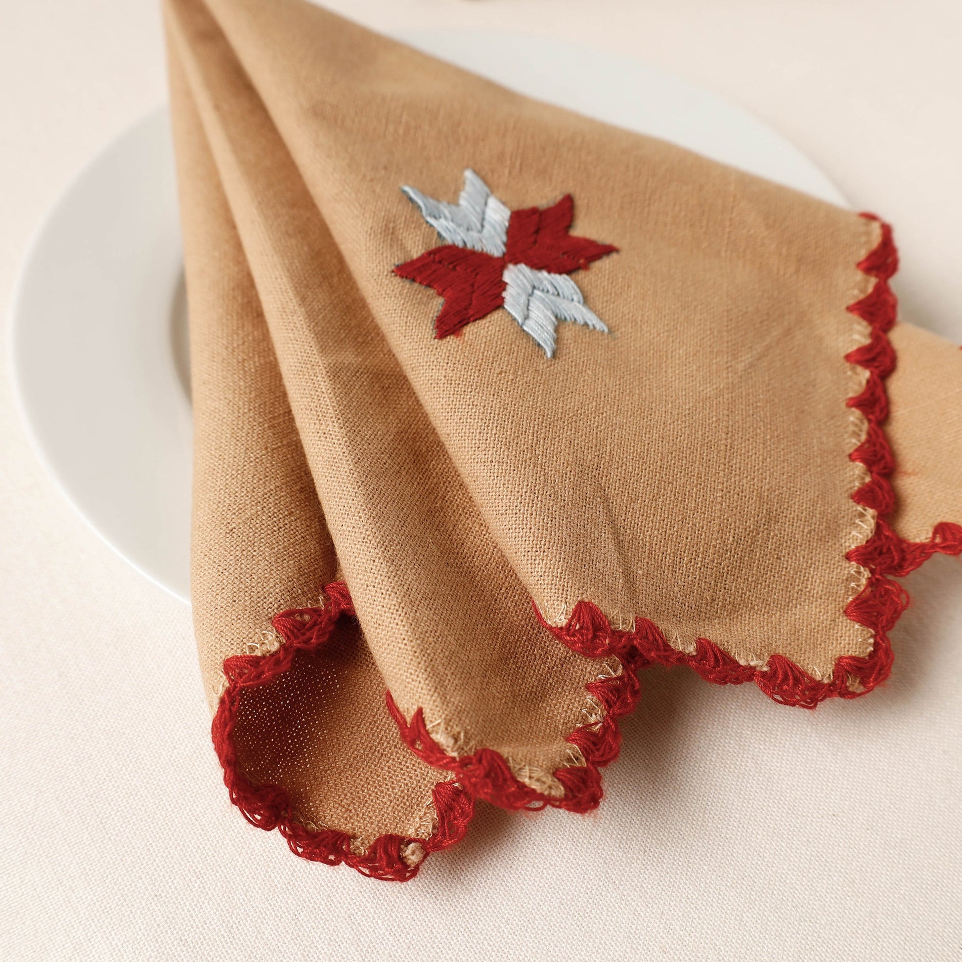 Brown - Phulkari Embroidery Reversible Plain Handloom Cotton Napkin (14 x 14 in)