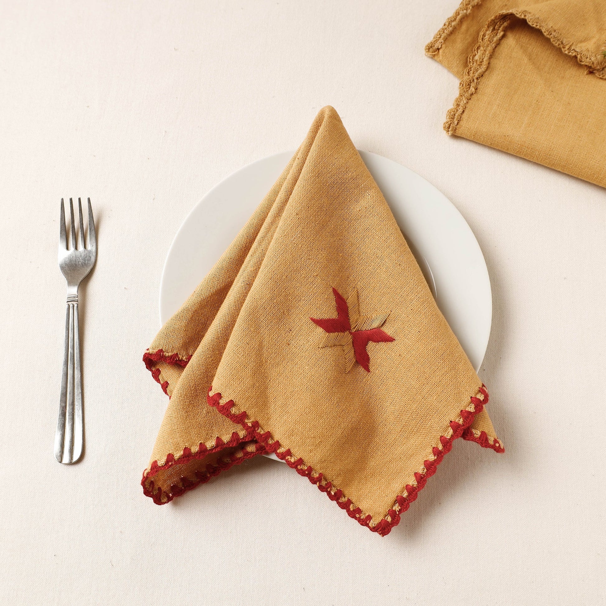 Brown - Phulkari Embroidery Reversible Plain Handloom Cotton Napkin (14 x 14 in)