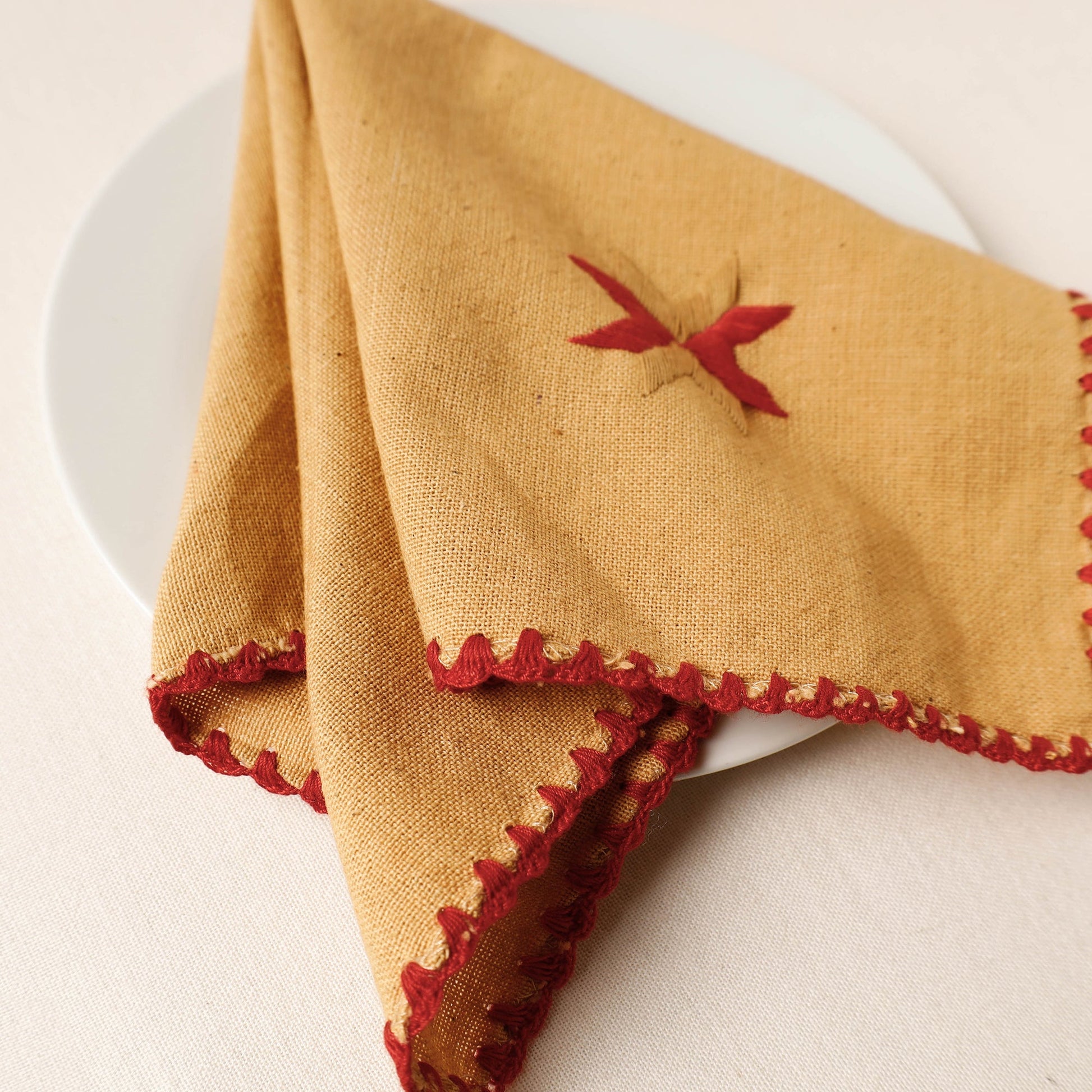 Brown - Phulkari Embroidery Reversible Plain Handloom Cotton Napkin (14 x 14 in)