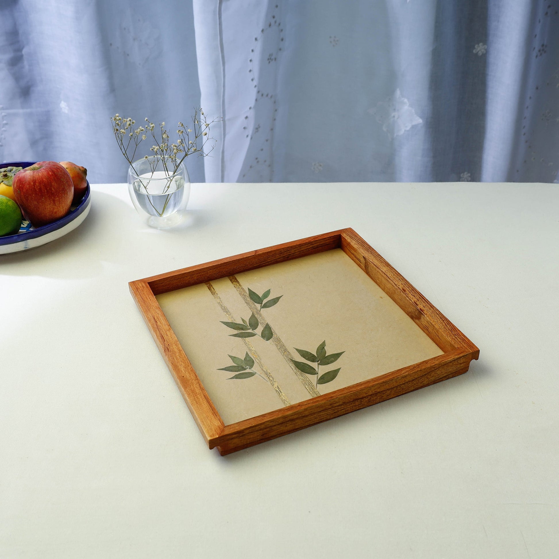Beige - Bamboo Art Work Square Wooden Tray (12 x 11 x 1 in)