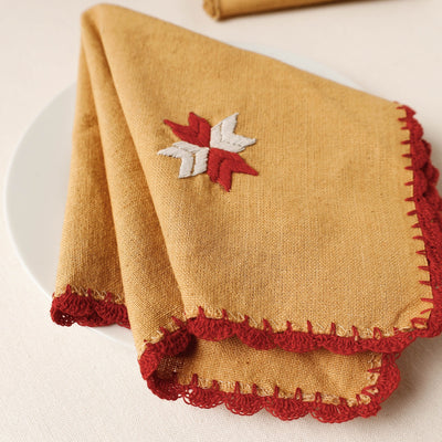 Brown - Phulkari Embroidery Reversible Plain Handloom Cotton Napkin (14 x 14 in)