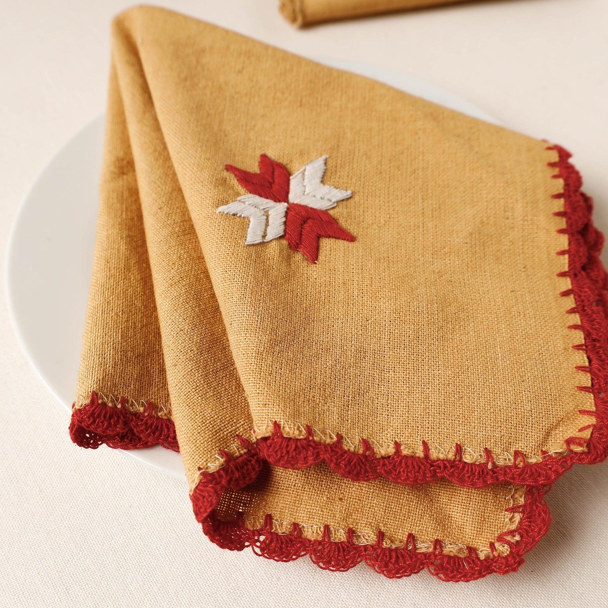 Brown - Phulkari Embroidery Reversible Plain Handloom Cotton Napkin (14 x 14 in)