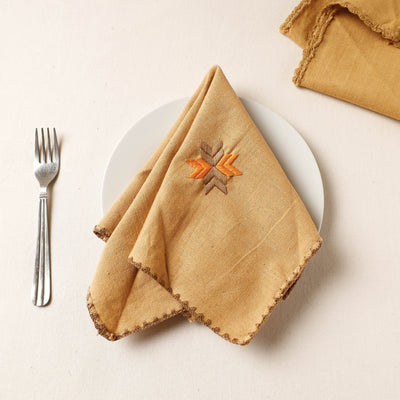 Brown - Phulkari Embroidery Reversible Plain Handloom Cotton Napkin (14 x 14 in)