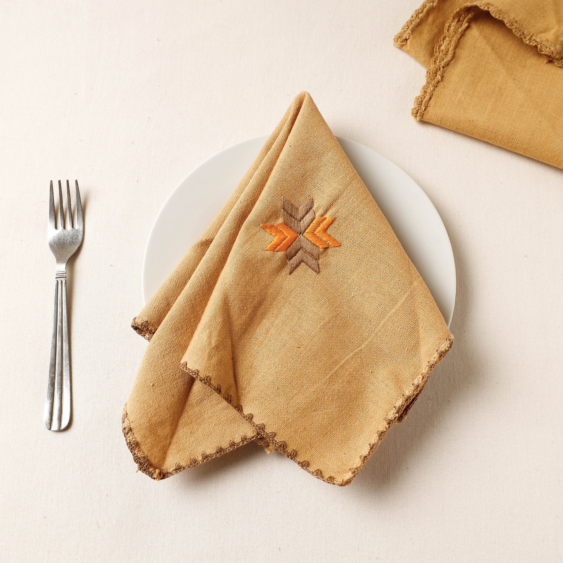 Brown - Phulkari Embroidery Reversible Plain Handloom Cotton Napkin (14 x 14 in)