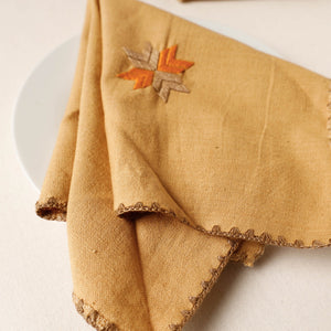 Brown - Phulkari Embroidery Reversible Plain Handloom Cotton Napkin (14 x 14 in)