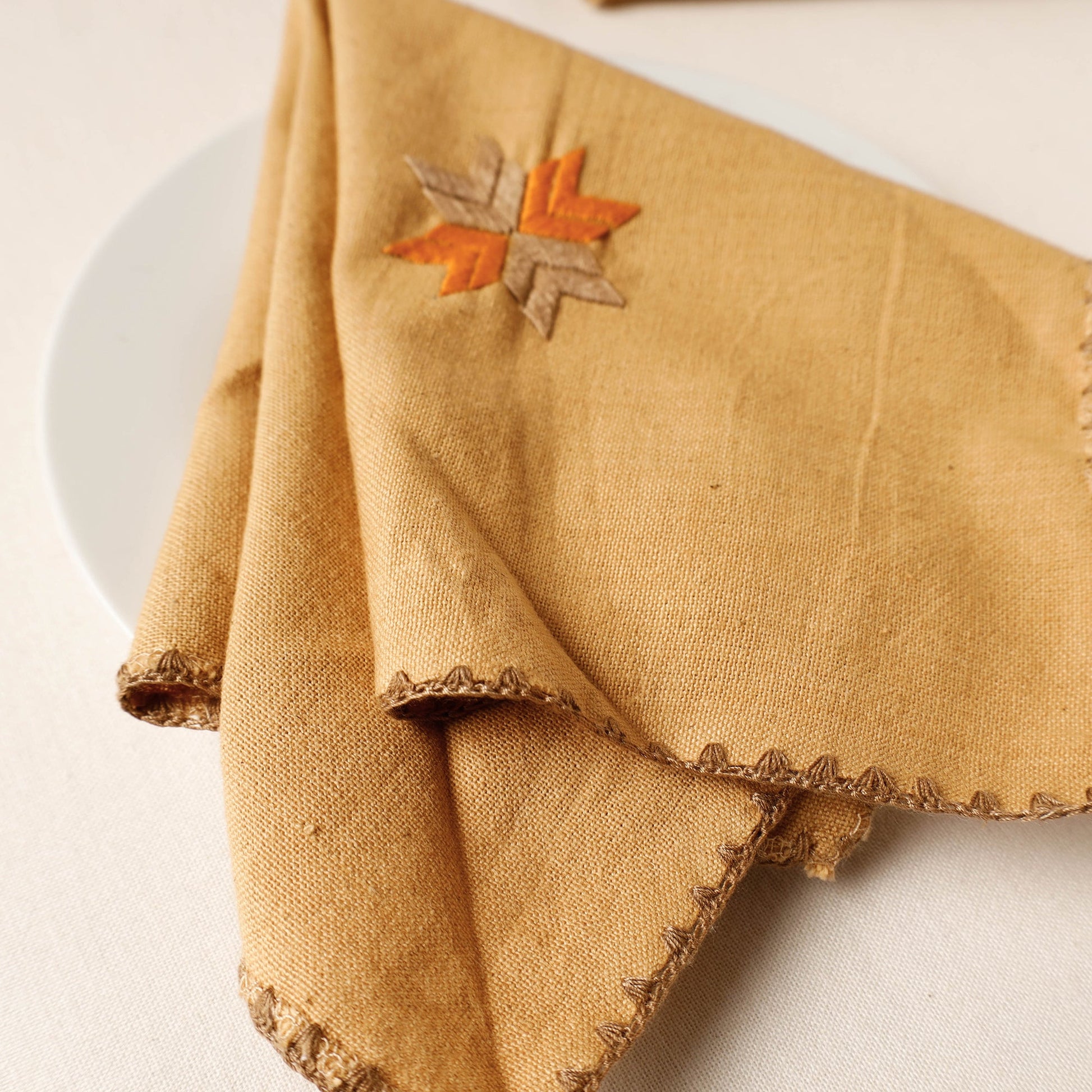 Brown - Phulkari Embroidery Reversible Plain Handloom Cotton Napkin (14 x 14 in)
