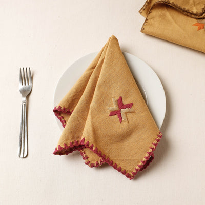 Brown - Phulkari Embroidery Reversible Plain Handloom Cotton Napkin (14 x 14 in)
