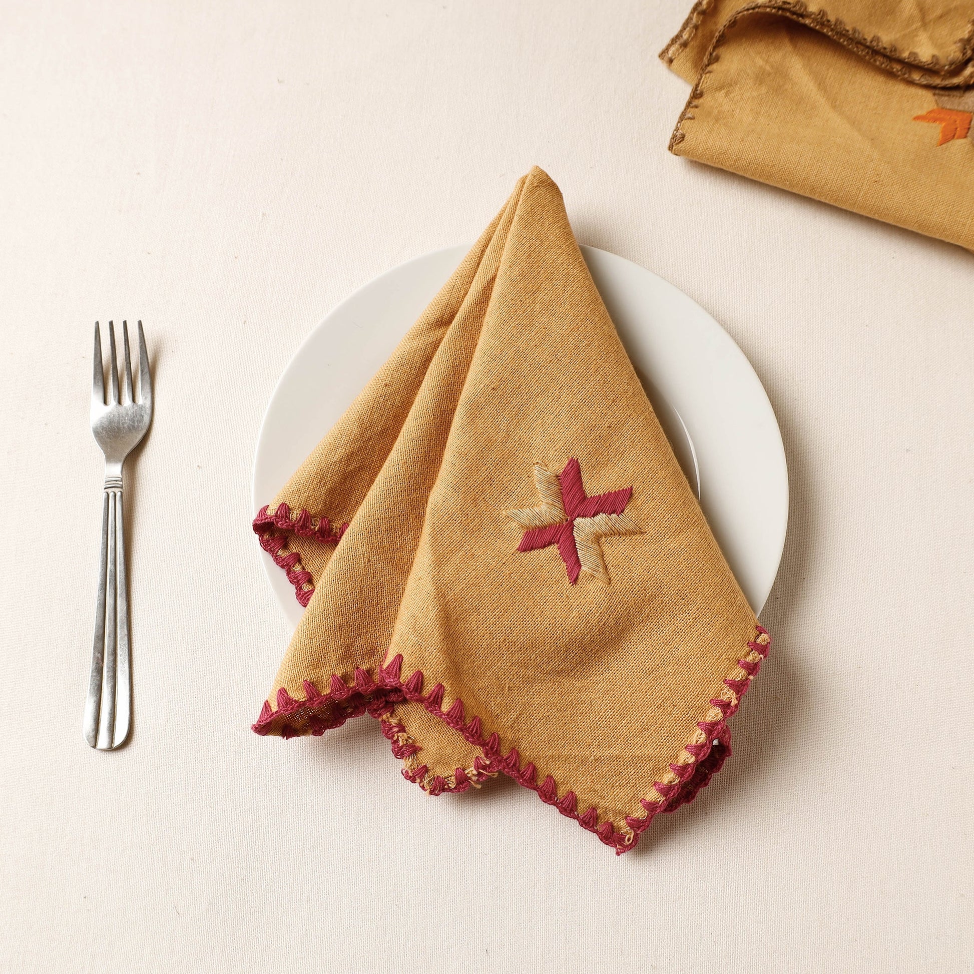 Brown - Phulkari Embroidery Reversible Plain Handloom Cotton Napkin (14 x 14 in)