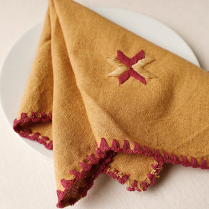 Brown - Phulkari Embroidery Reversible Plain Handloom Cotton Napkin (14 x 14 in)