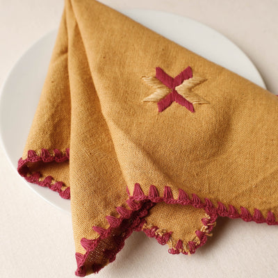 Brown - Phulkari Embroidery Reversible Plain Handloom Cotton Napkin (14 x 14 in)