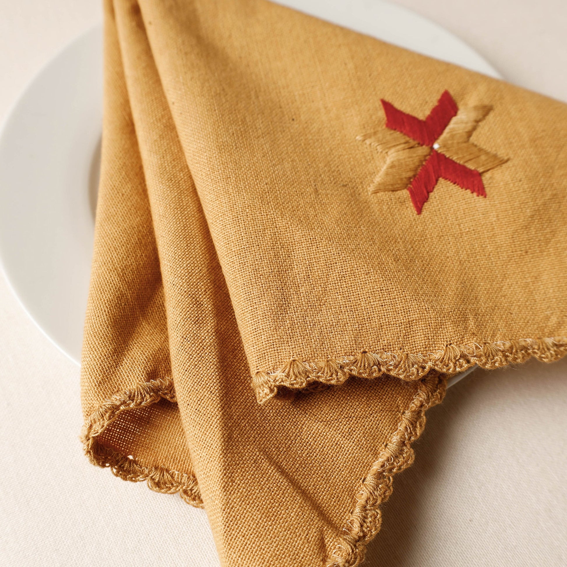 Brown - Phulkari Embroidery Reversible Plain Handloom Cotton Napkin (14 x 14 in)