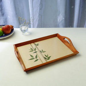 Beige - Bamboo Art Work Wooden Tray with Handles  (16.5 x 12.5 x 1 in)